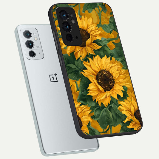  Bright Sunflower Bloom phone case For OnePlus 9RT showing premium glass back cover with detailed artwork