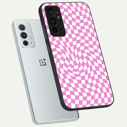  Bubblegum Check Wave phone case For OnePlus 9RT showing premium glass back cover with detailed artwork