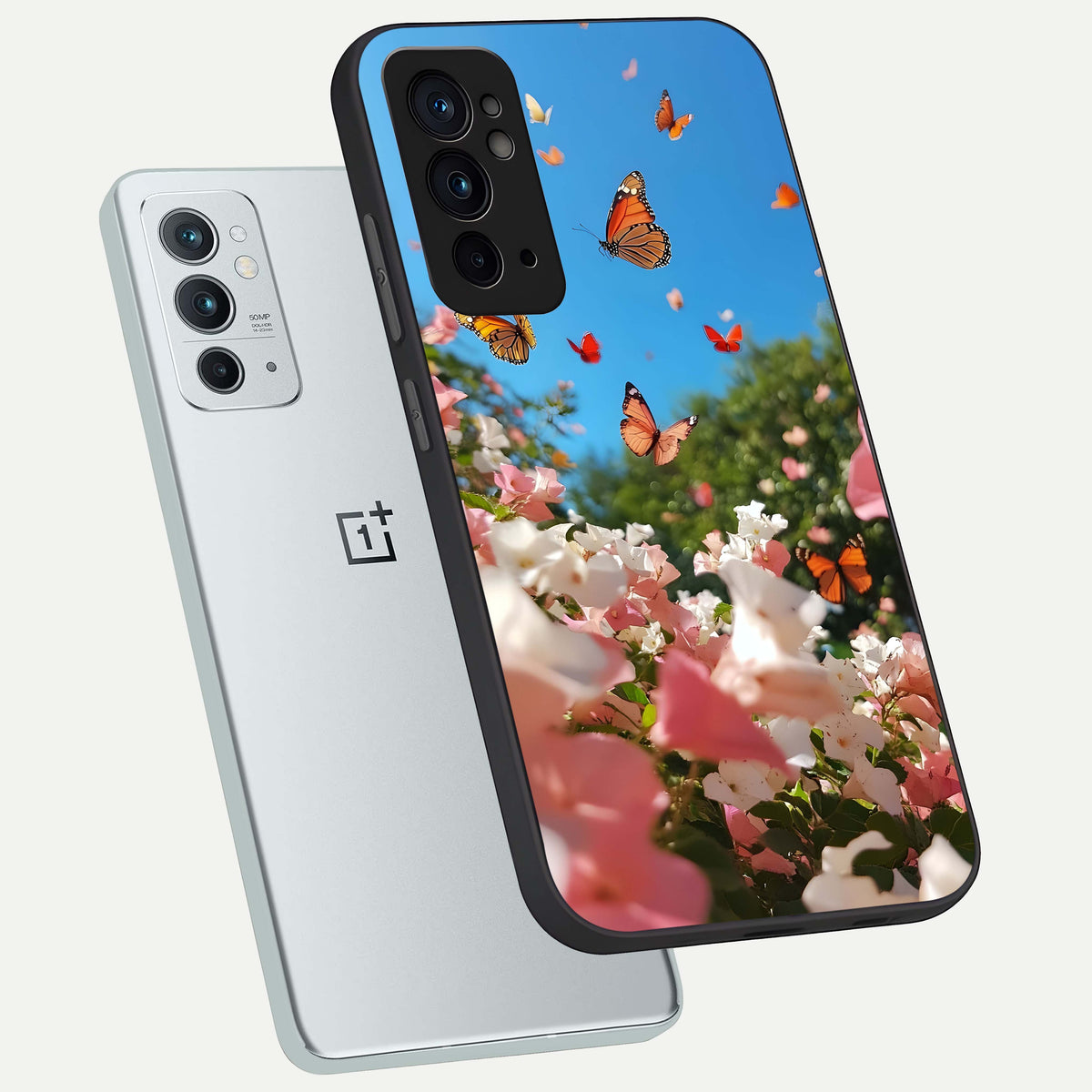  Butterflies In Bloom Sky phone case For OnePlus 9RT showing premium glass back cover with detailed artwork