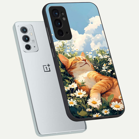  Cat And Flowers View phone case For OnePlus 9RT showing premium glass back cover with detailed artwork