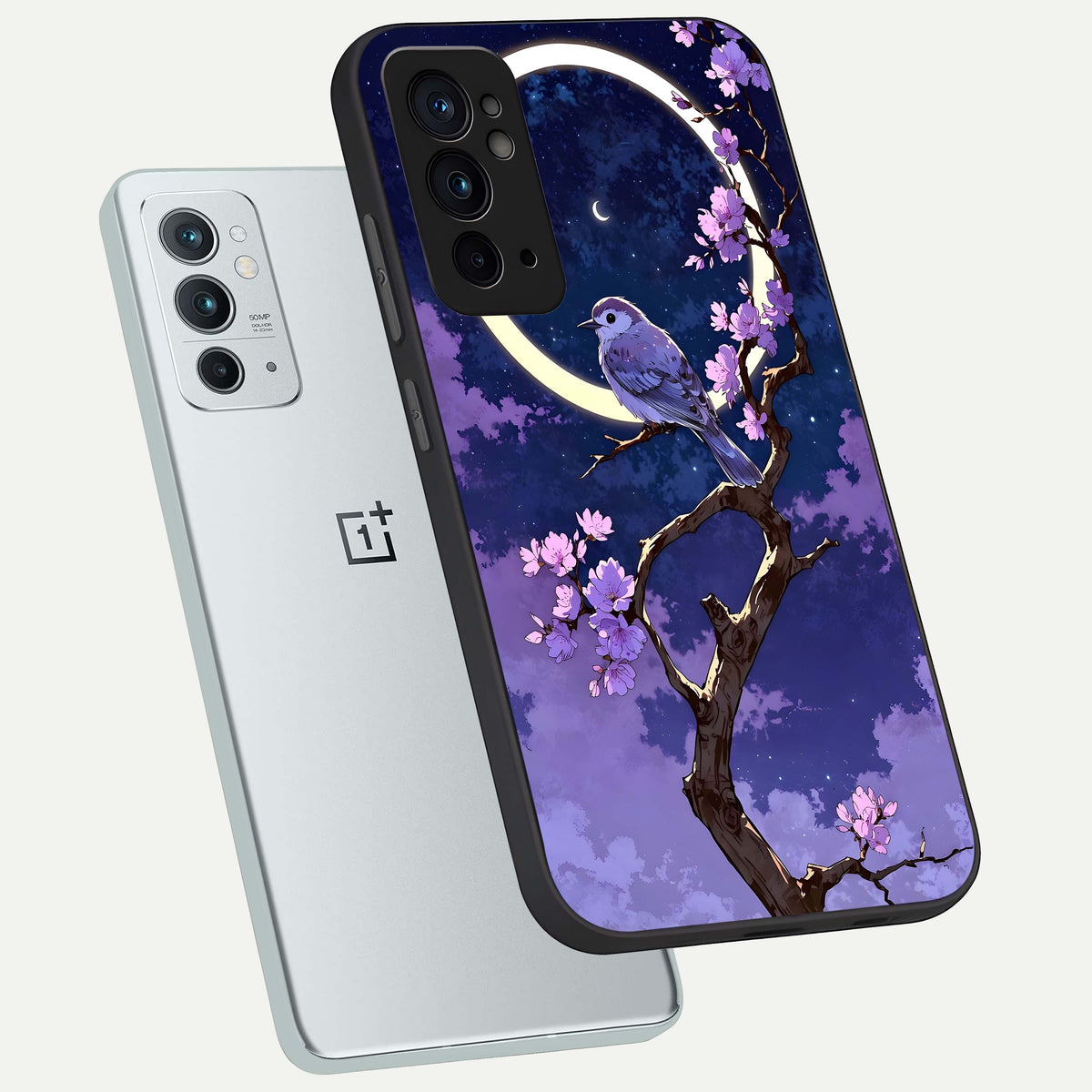  Celestial Bird Blossom phone case For OnePlus 9RT showing premium glass back cover with detailed artwork