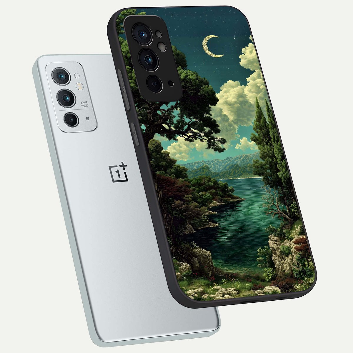  Celestial Lake Peace phone case For OnePlus 9RT showing premium glass back cover with detailed artwork