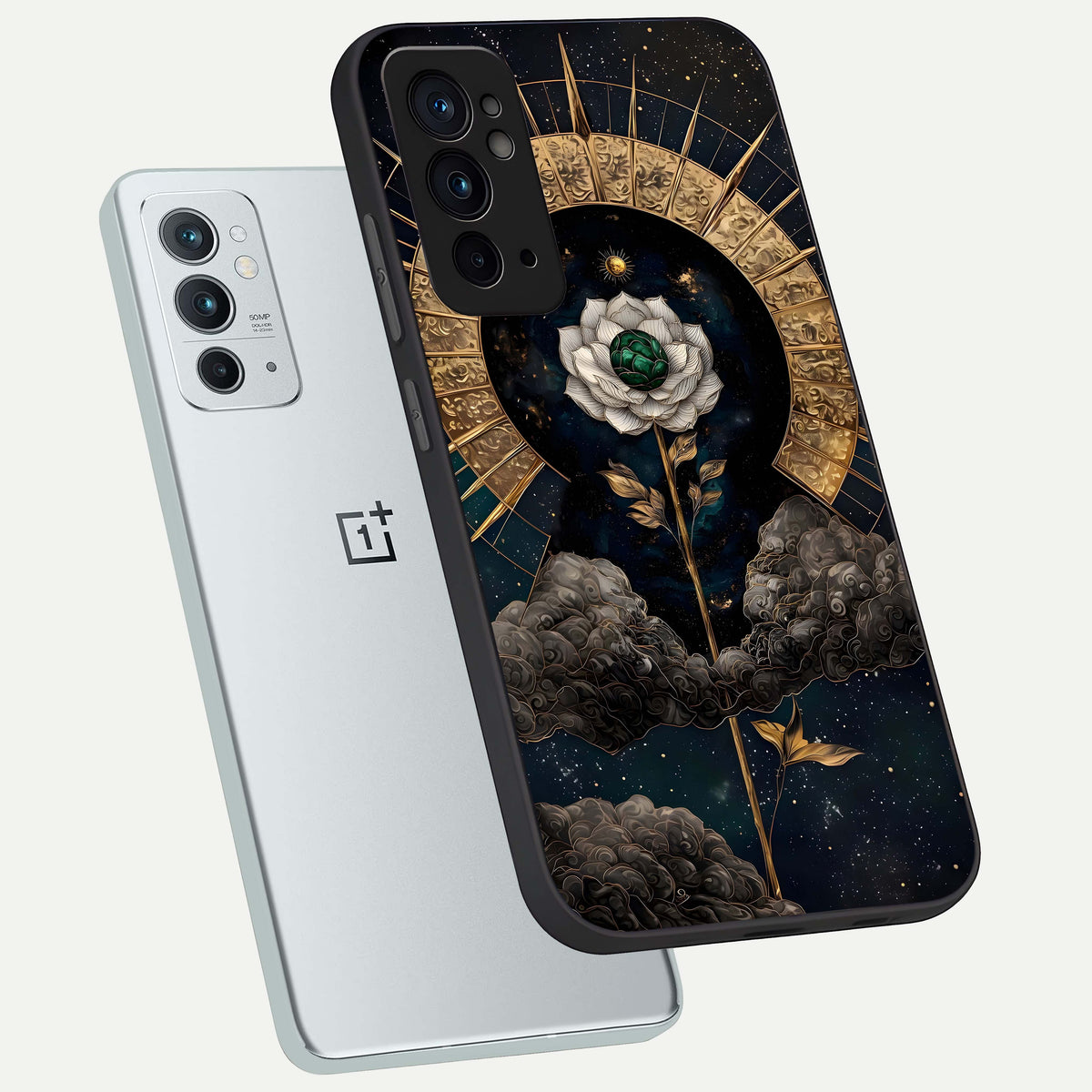  Celestial Lotus Morang phone case For OnePlus 9RT showing premium glass back cover with detailed artwork