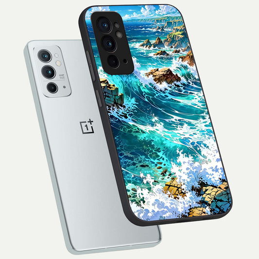  Coastal Blue Waves phone case For OnePlus 9RT showing premium glass back cover with detailed artwork