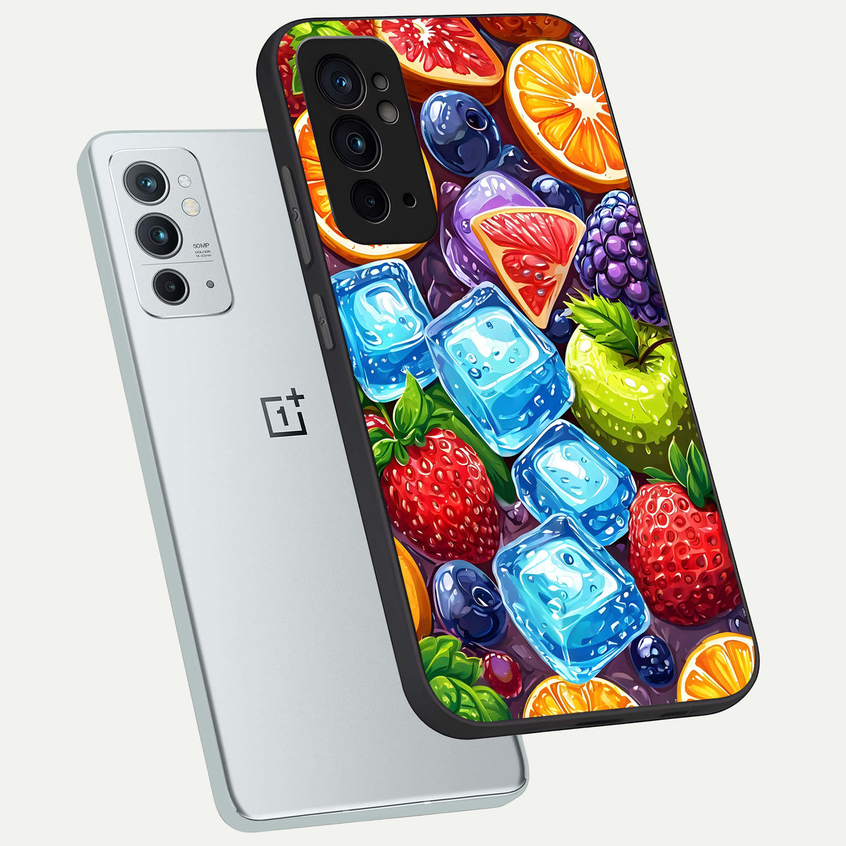  Colorful Fruits with Ice phone case For OnePlus 9RT showing premium glass back cover with detailed artwork