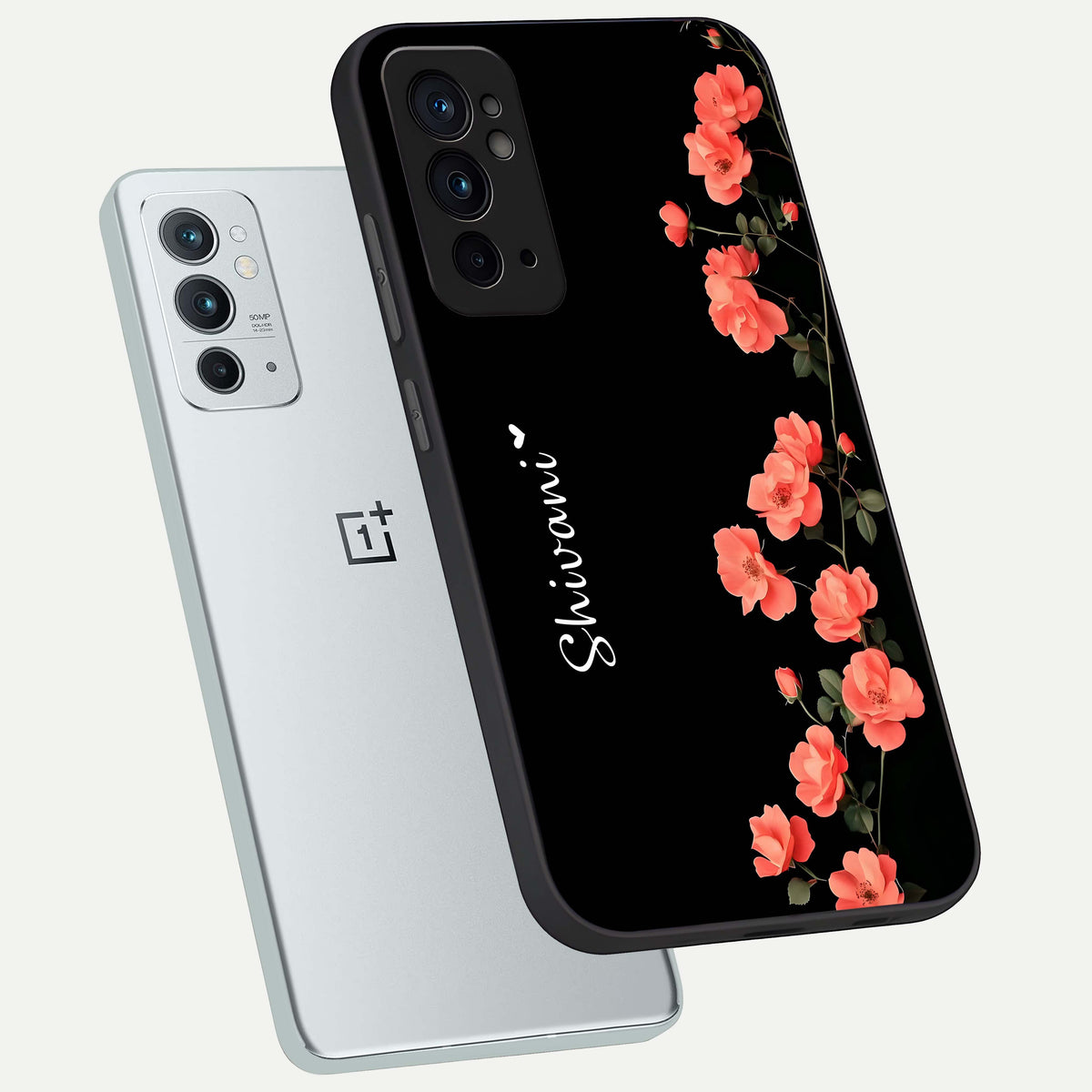  Crimson Bloom Grace Custom Name phone case For OnePlus 9RT showing premium glass back cover with detailed artwork