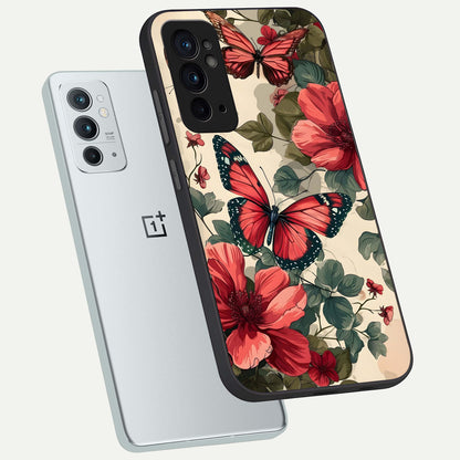  Crimson Butterfly Garden phone case For OnePlus 9RT showing premium glass back cover with detailed artwork