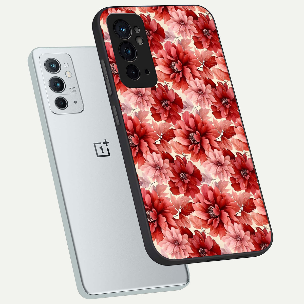  Crimson Love Petals phone case For OnePlus 9RT showing premium glass back cover with detailed artwork