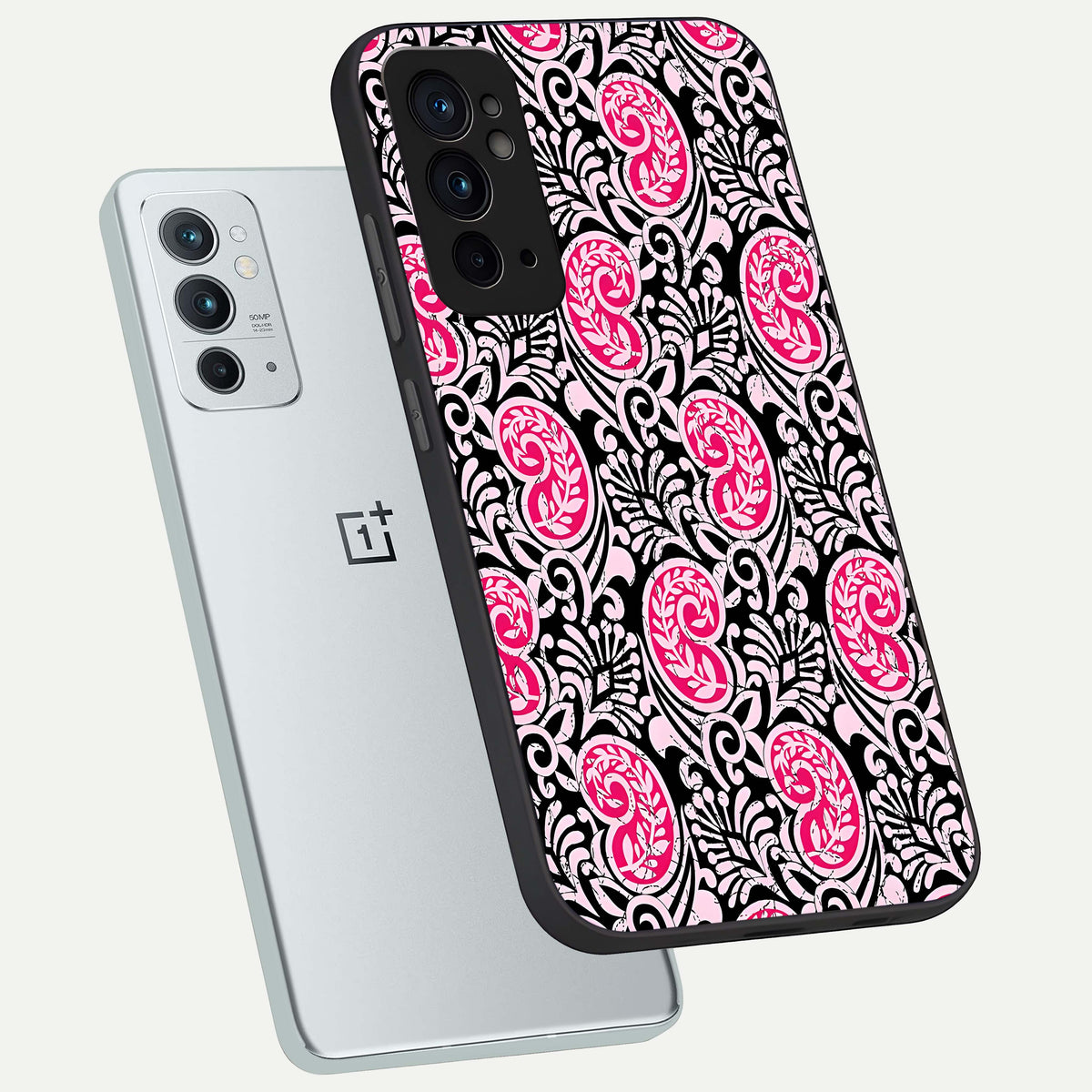  Crimson Paisley Charm phone case For OnePlus 9RT showing premium glass back cover with detailed artwork