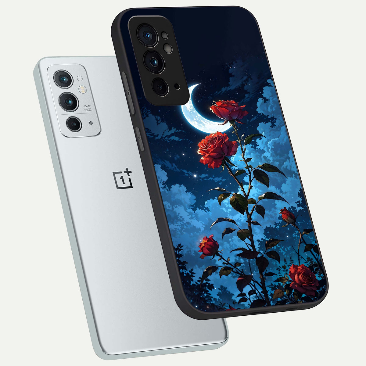  Crimson Rose Moon phone case For OnePlus 9RT showing premium glass back cover with detailed artwork