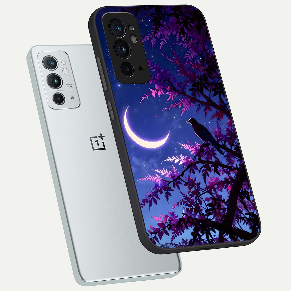  Crow And Moon Scenery phone case For OnePlus 9RT showing premium glass back cover with detailed artwork