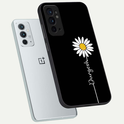  Custom Name White Flower phone case For OnePlus 9RT showing premium glass back cover with detailed artwork