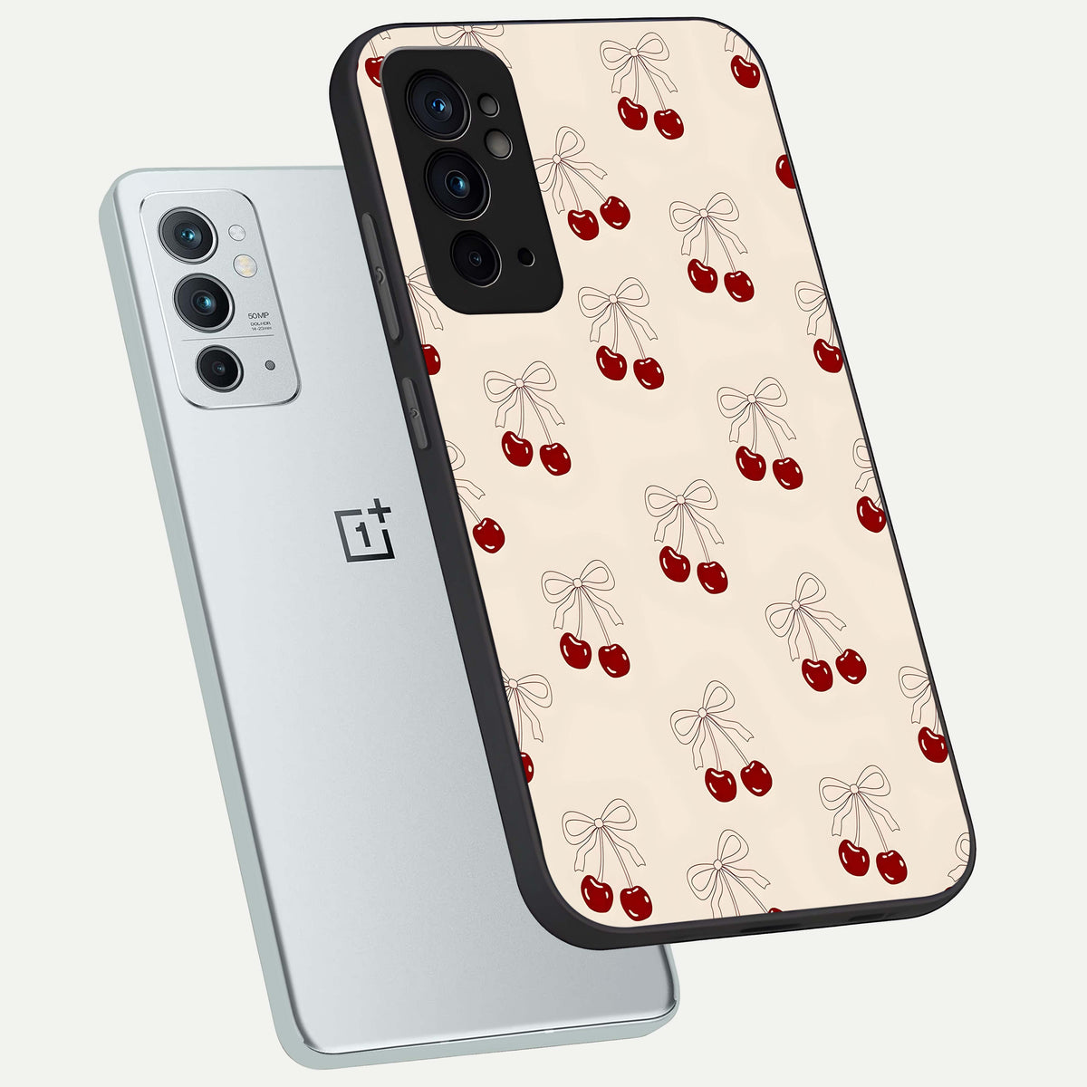  Cute Cherry Pattern phone case For OnePlus 9RT showing premium glass back cover with detailed artwork