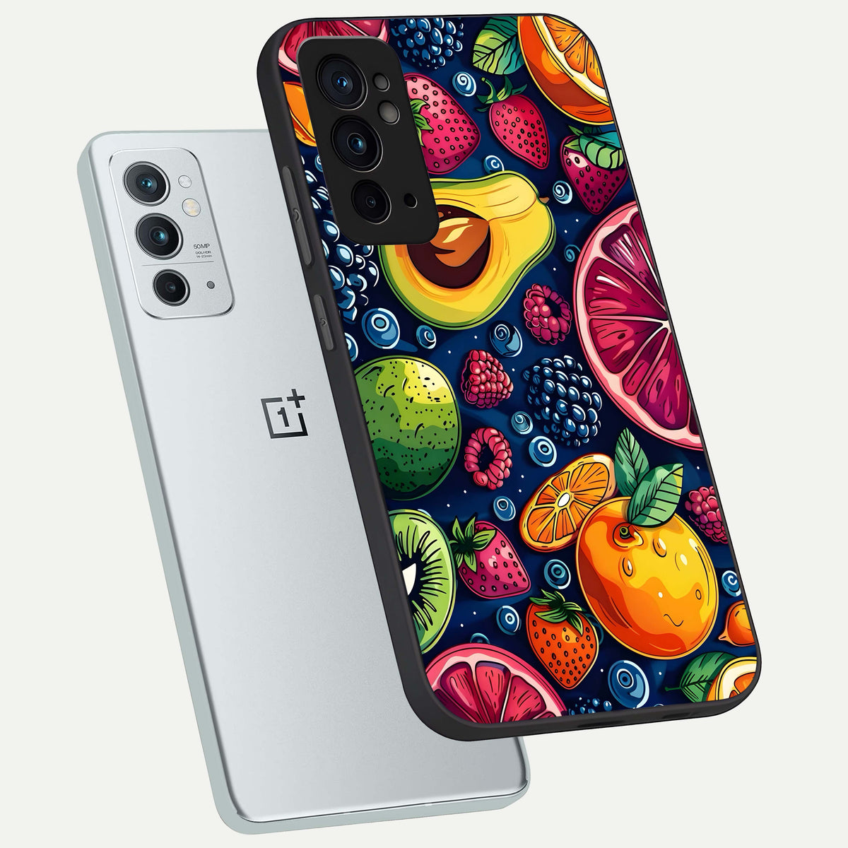  Cute Fruits Art phone case For OnePlus 9RT showing premium glass back cover with detailed artwork