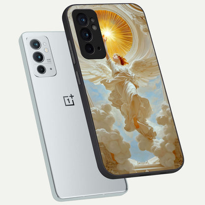  Divine Light Angel phone case For OnePlus 9RT showing premium glass back cover with detailed artwork