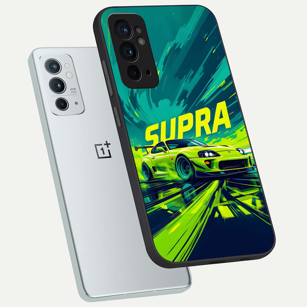  Electric Supra Thunder phone case For OnePlus 9RT showing premium glass back cover with detailed artwork