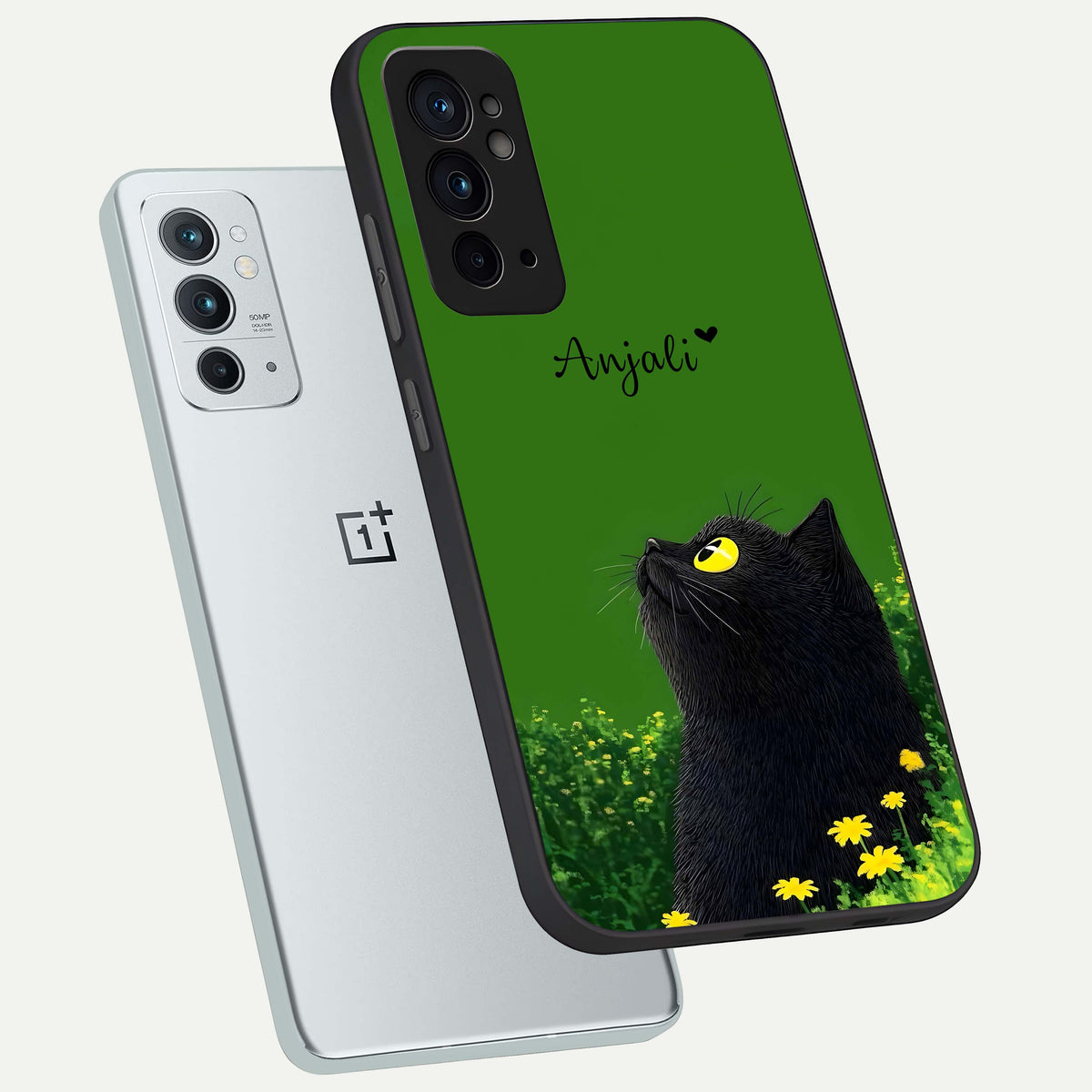  Emerald Cat Custom Name phone case For OnePlus 9RT showing premium glass back cover with detailed artwork