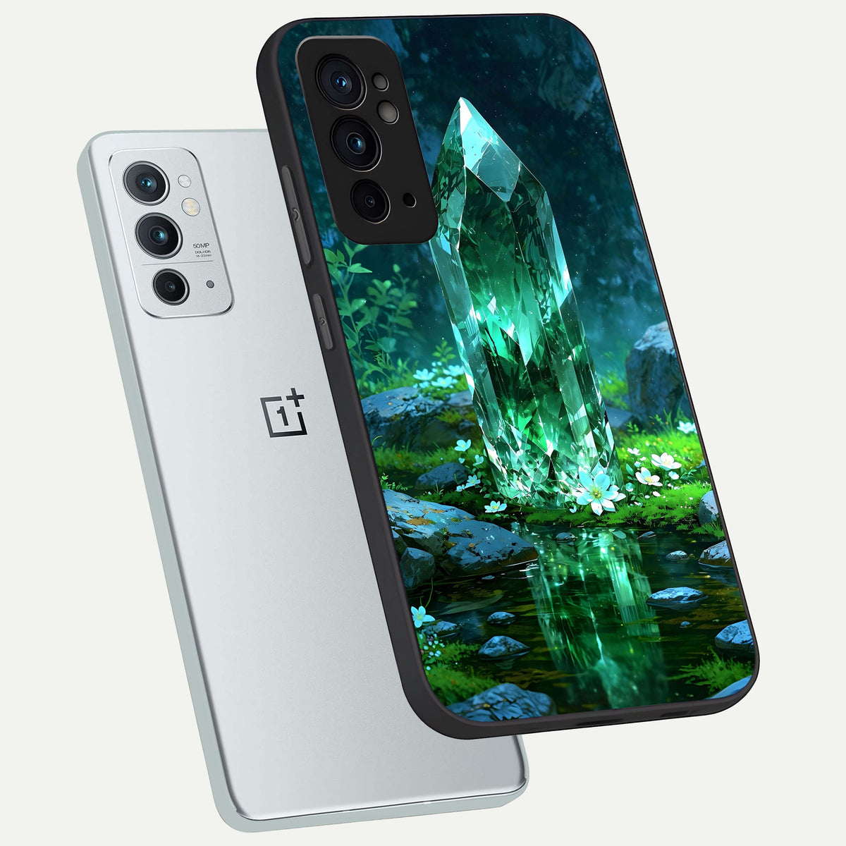  Emerald Light Crystal phone case For OnePlus 9RT showing premium glass back cover with detailed artwork