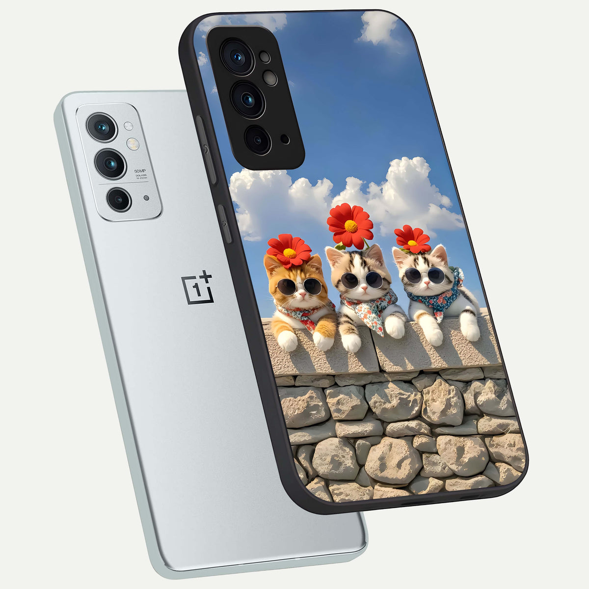  Floral Kitty Squad phone case For OnePlus 9RT showing premium glass back cover with detailed artwork