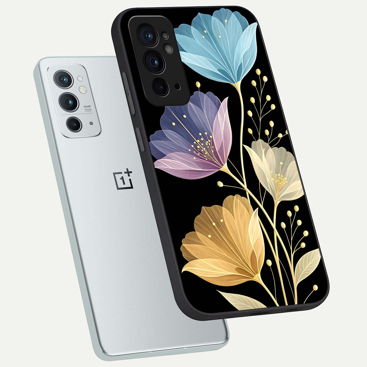  Flower Bloom Glow phone case For OnePlus 9RT showing premium glass back cover with detailed artwork