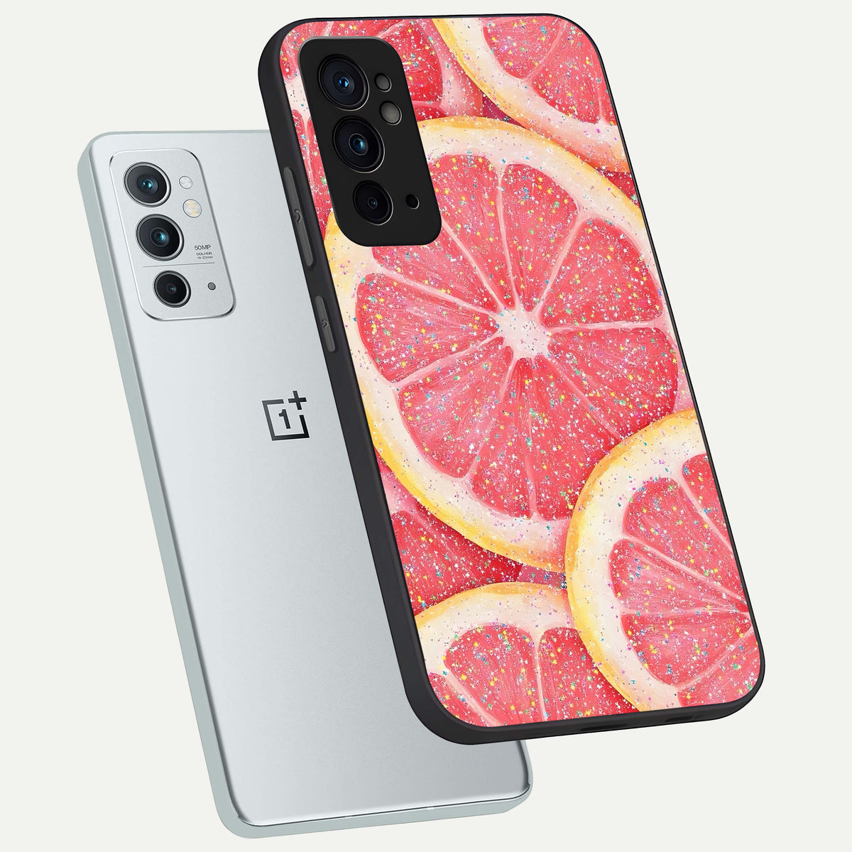  Glitter Grapefruit phone case For OnePlus 9RT showing premium glass back cover with detailed artwork