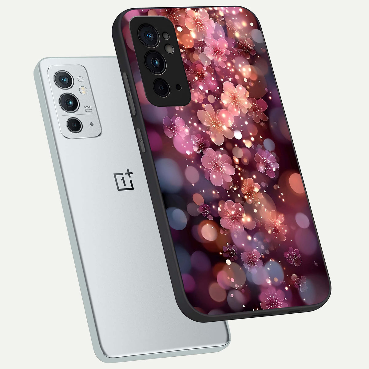  Glowing Petal Bliss phone case For OnePlus 9RT showing premium glass back cover with detailed artwork