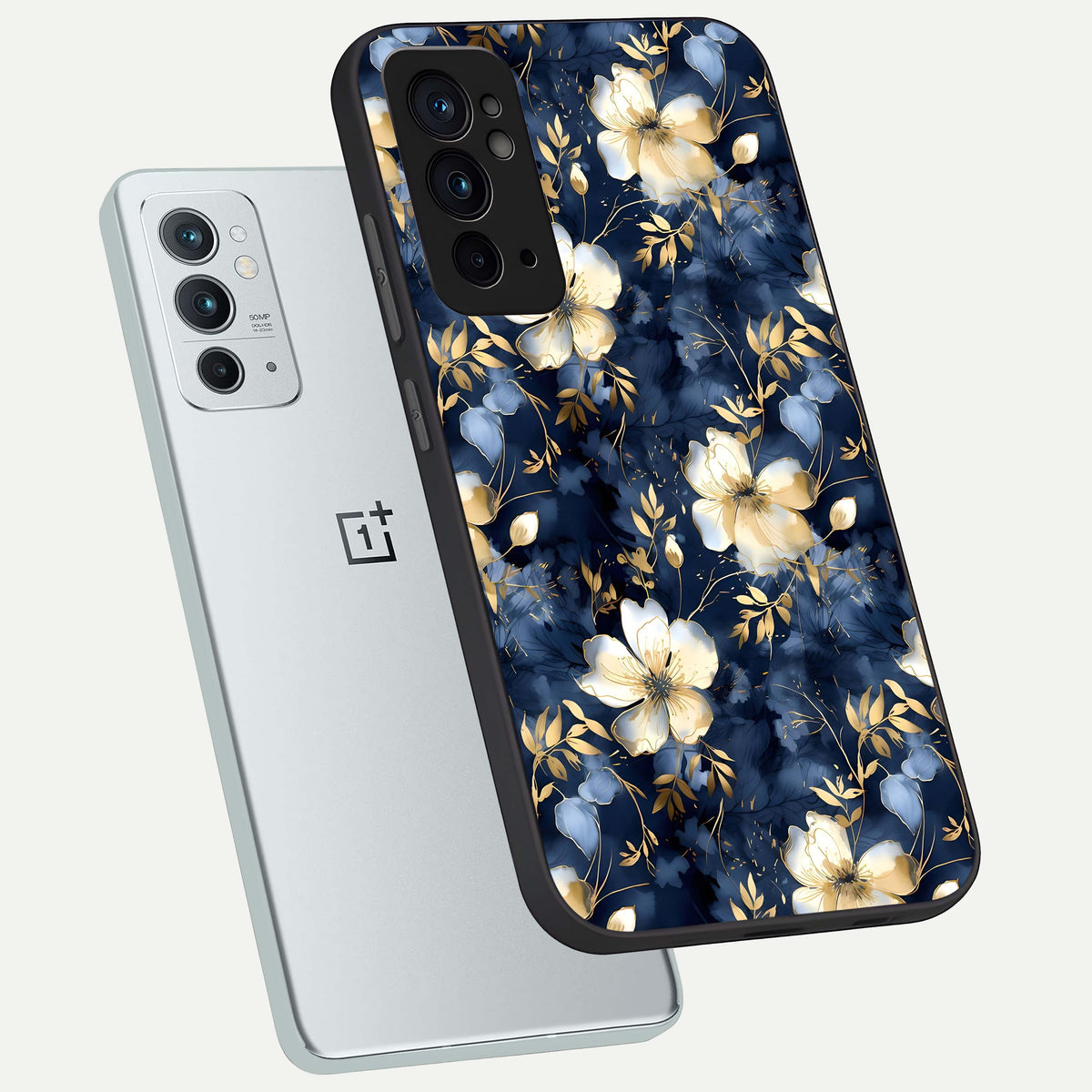  Golden Midnight Bloom phone case For OnePlus 9RT showing premium glass back cover with detailed artwork
