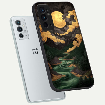  Golden River Moon phone case For OnePlus 9RT showing premium glass back cover with detailed artwork