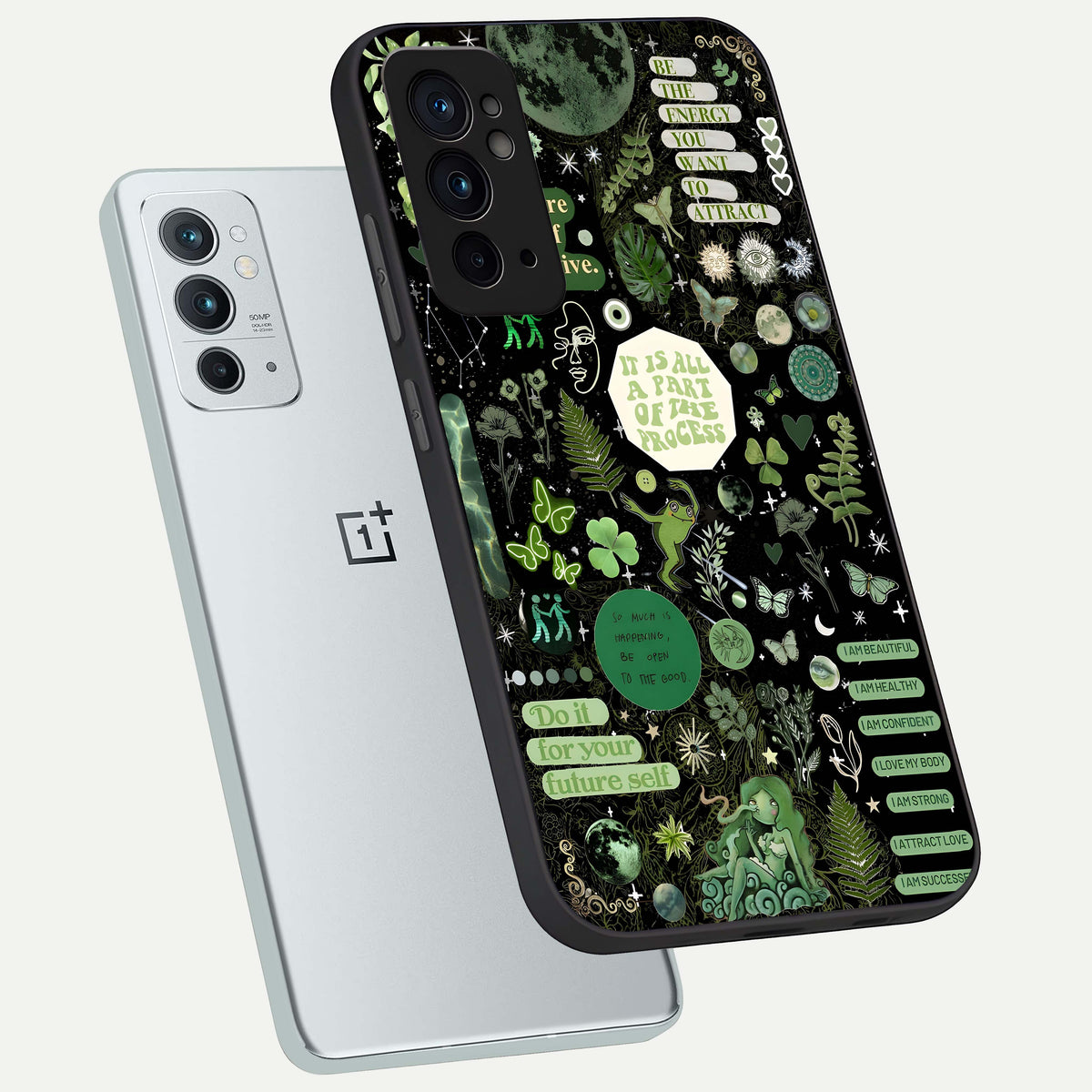  Green Mandala Pattern phone case For OnePlus 9RT showing premium glass back cover with detailed artwork