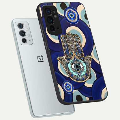 Hamsa Divine Guard phone case For OnePlus 9RT showing premium glass back cover with detailed artwork