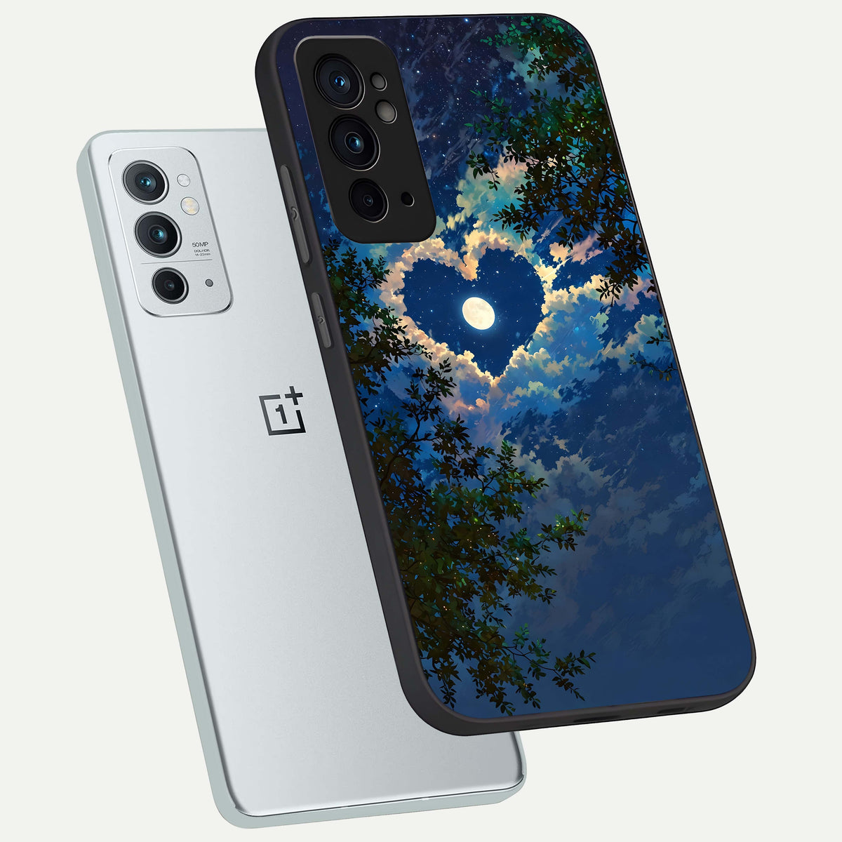  Heart With Moon Sky phone case For OnePlus 9RT showing premium glass back cover with detailed artwork