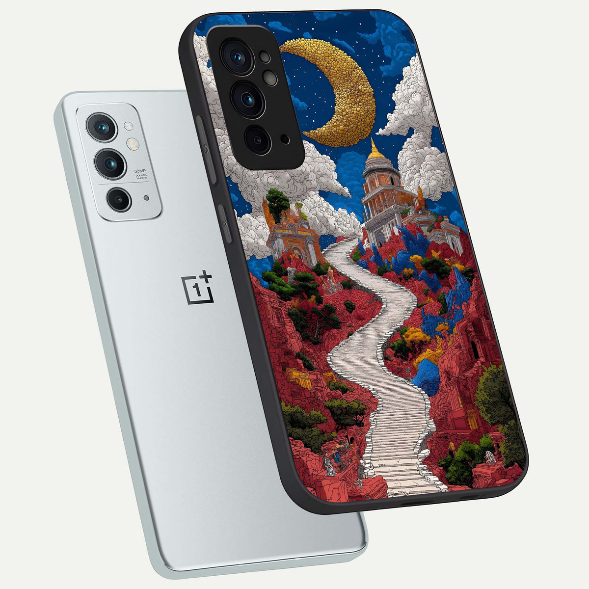  Heavenly Moon Path phone case For OnePlus 9RT showing premium glass back cover with detailed artwork