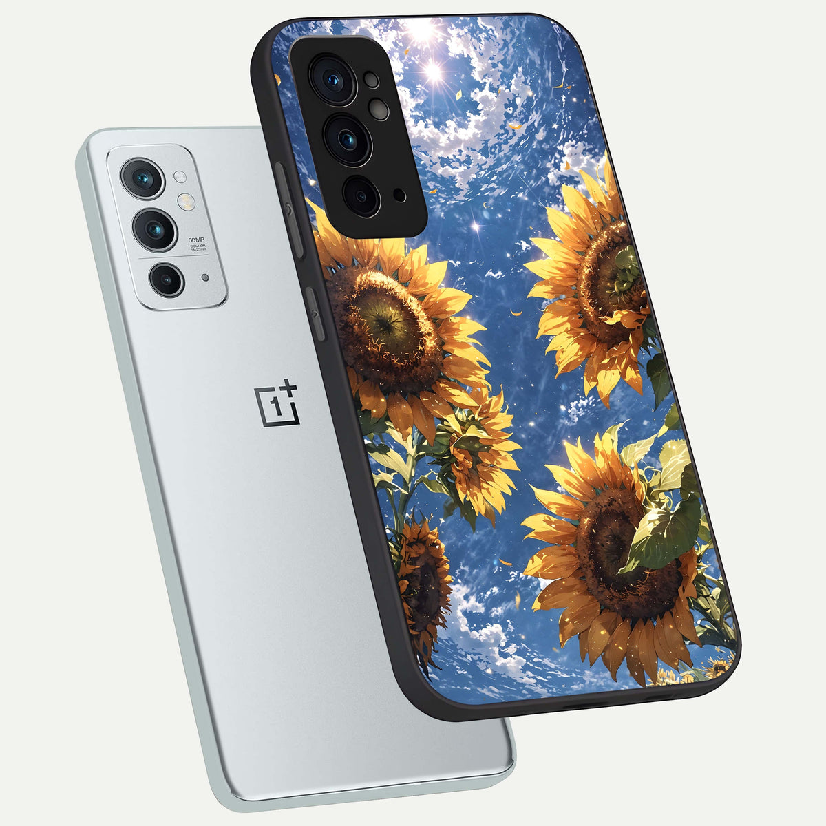  Heavenly Sunflower Rise phone case For OnePlus 9RT showing premium glass back cover with detailed artwork