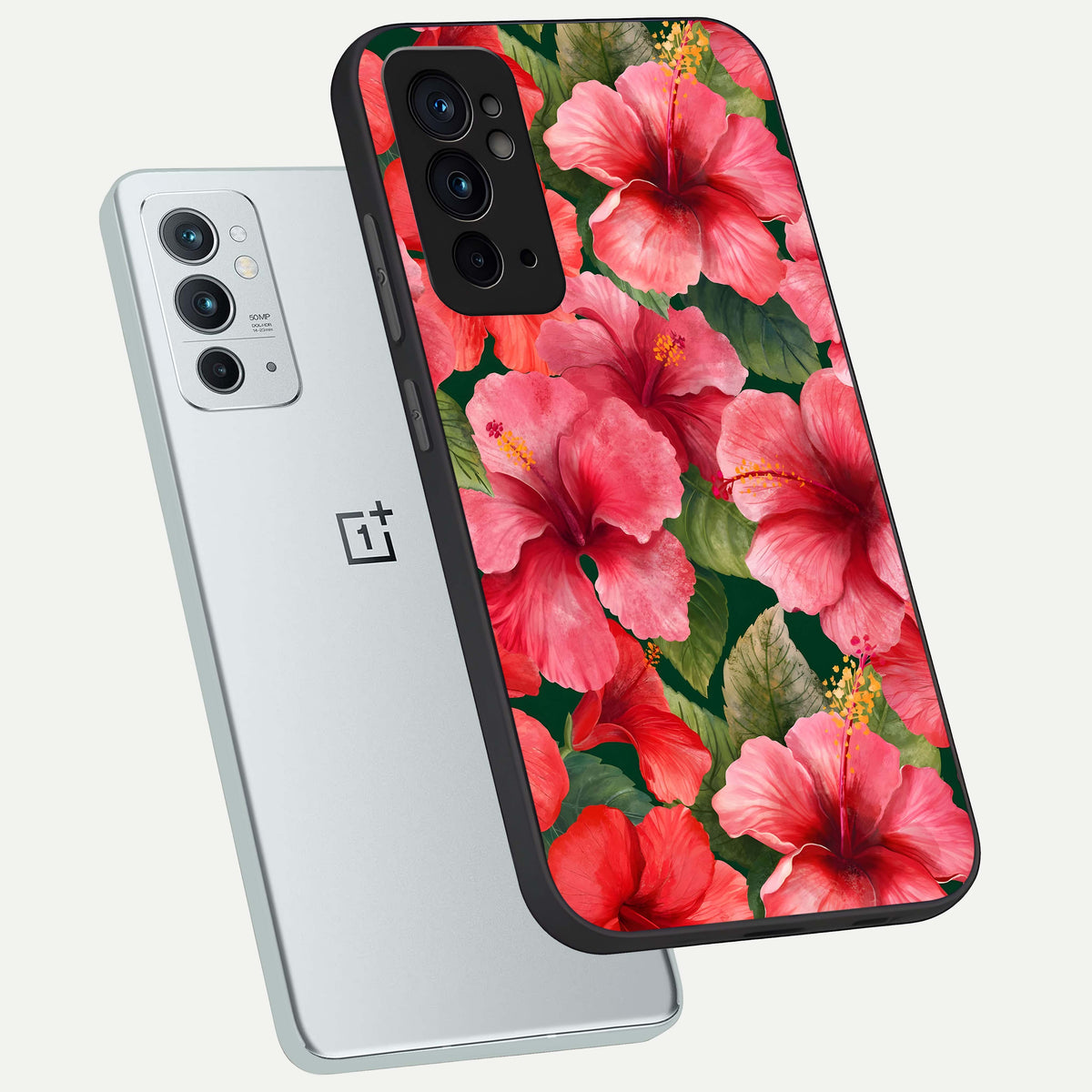  Hibiscus Pattern phone case For OnePlus 9RT showing premium glass back cover with detailed artwork
