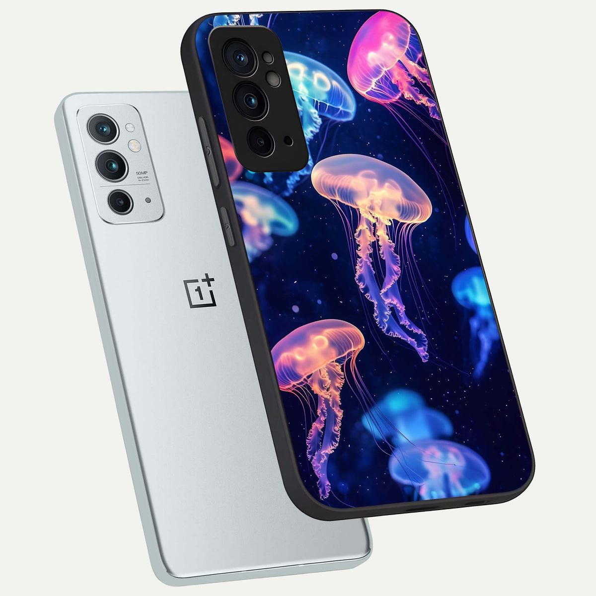  Jellyfish Pattern phone case For OnePlus 9RT showing premium glass back cover with detailed artwork