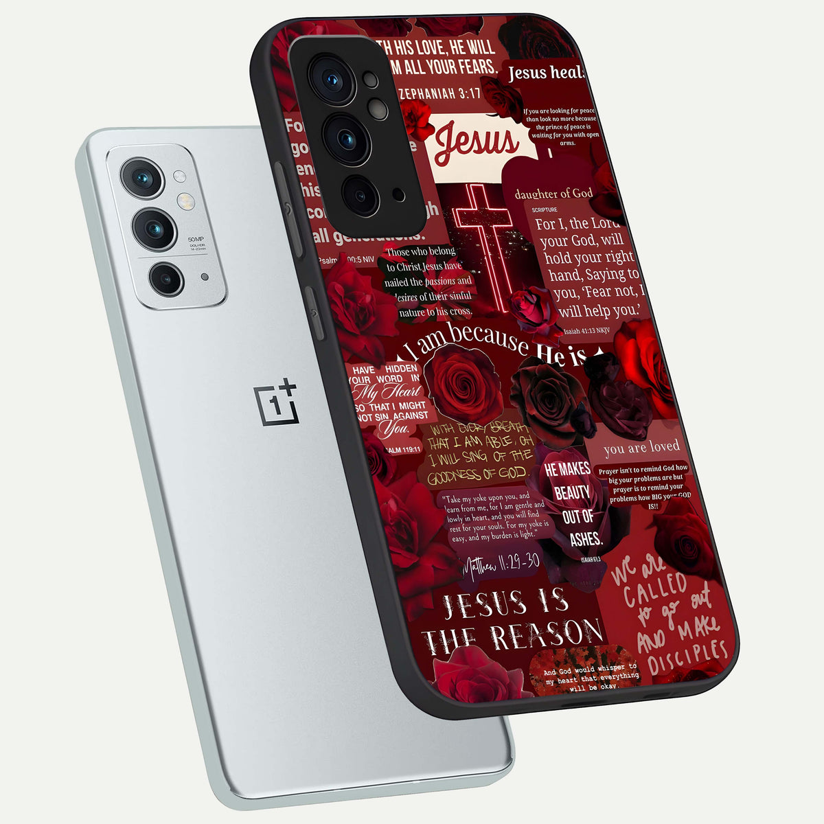  Jesus Love Heals phone case For OnePlus 9RT showing premium glass back cover with detailed artwork