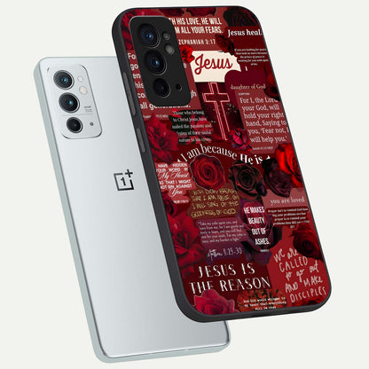  Jesus Love Heals phone case For OnePlus 9RT showing premium glass back cover with detailed artwork
