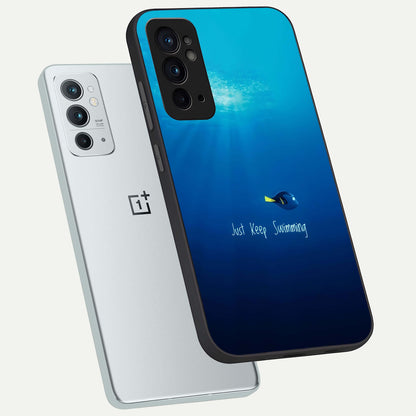  Just Keep Swimming phone case For OnePlus 9RT showing premium glass back cover with detailed artwork