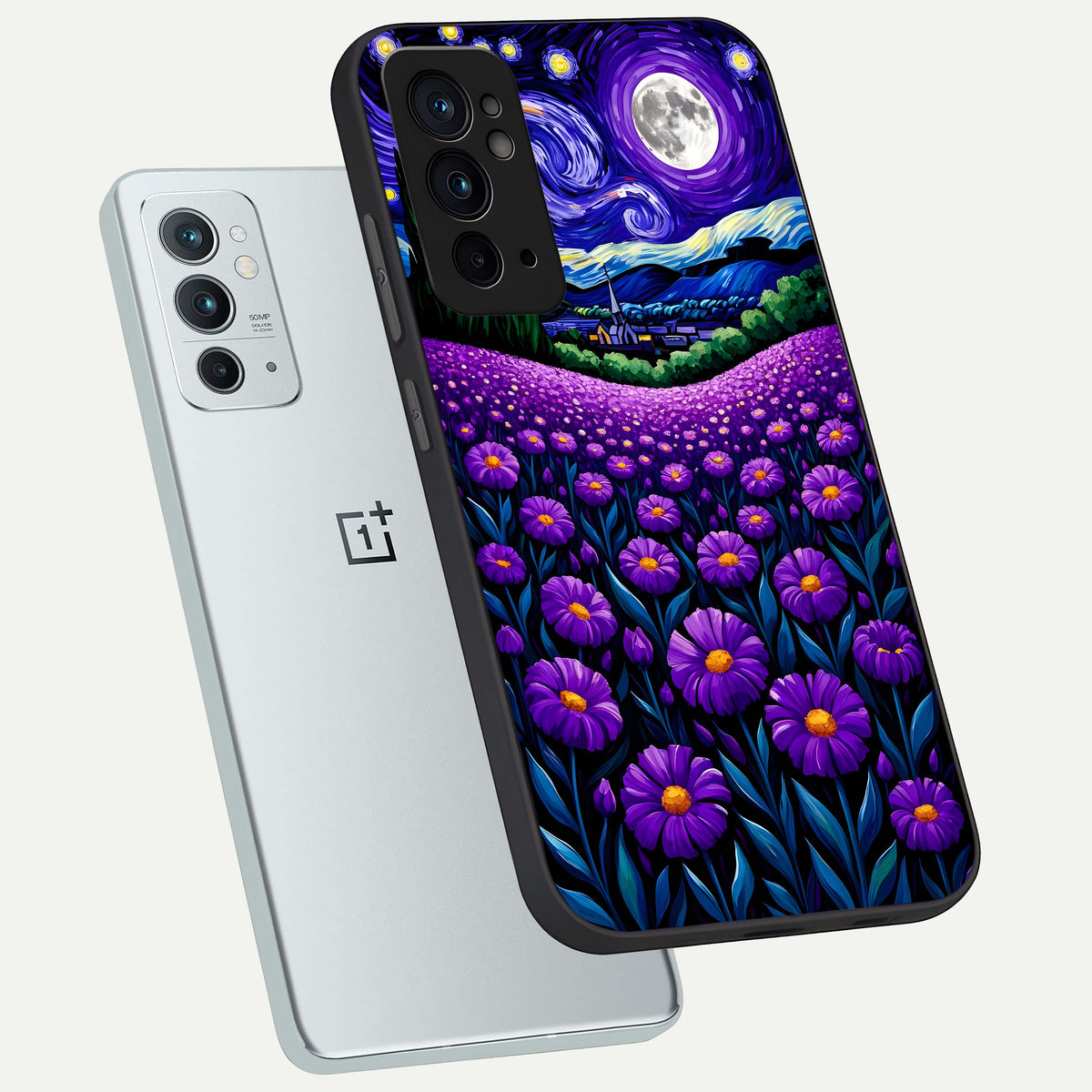  Lavender Moon Field phone case For OnePlus 9RT showing premium glass back cover with detailed artwork