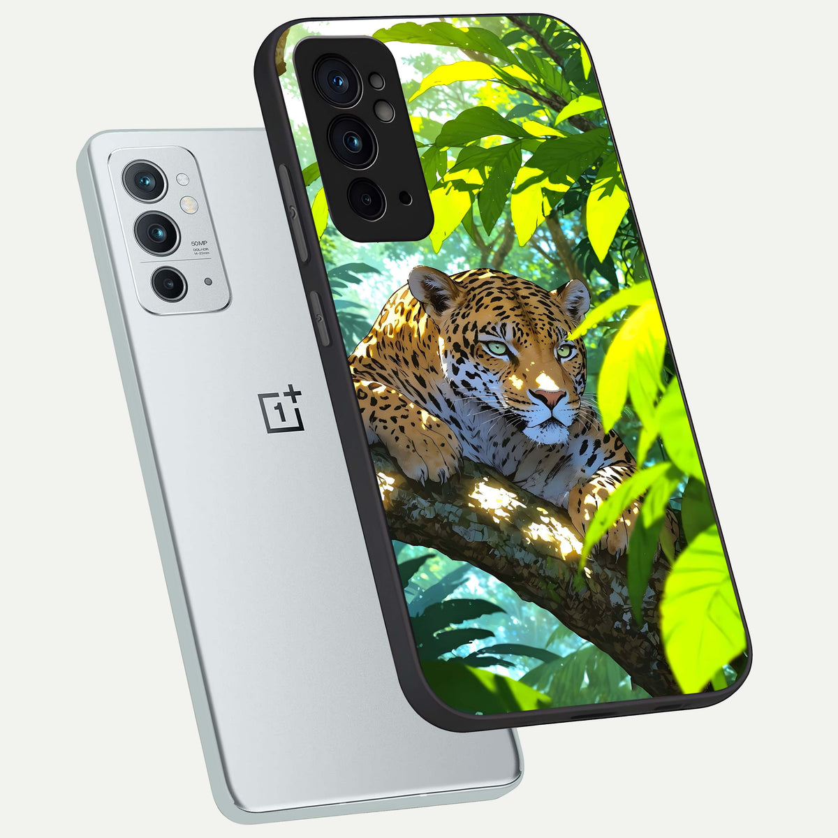  Leopard in Jungle phone case For OnePlus 9RT showing premium glass back cover with detailed artwork