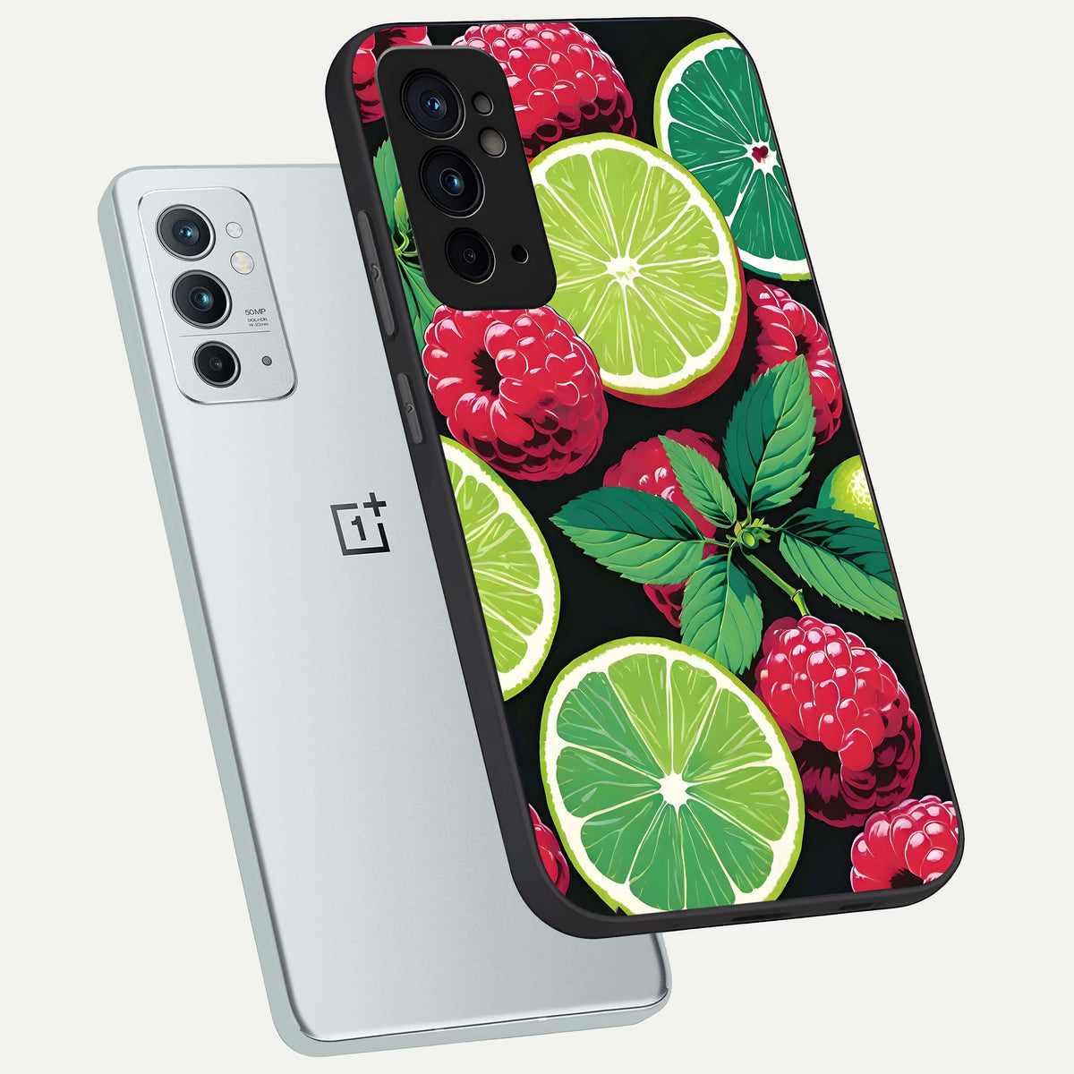  Lime and Raspberry Pattern phone case For OnePlus 9RT showing premium glass back cover with detailed artwork