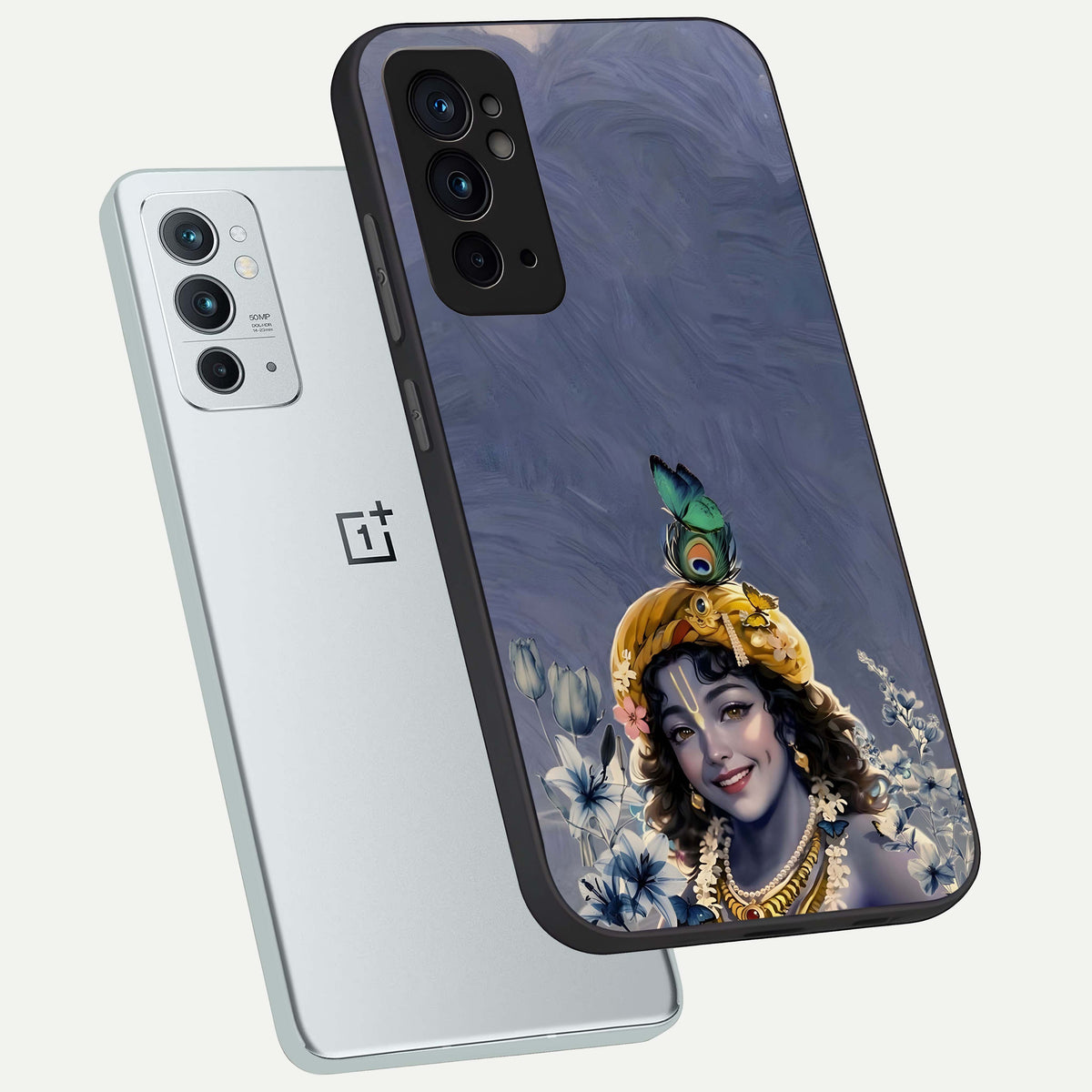  Lord Krishna phone case For OnePlus 9RT showing premium glass back cover with detailed artwork