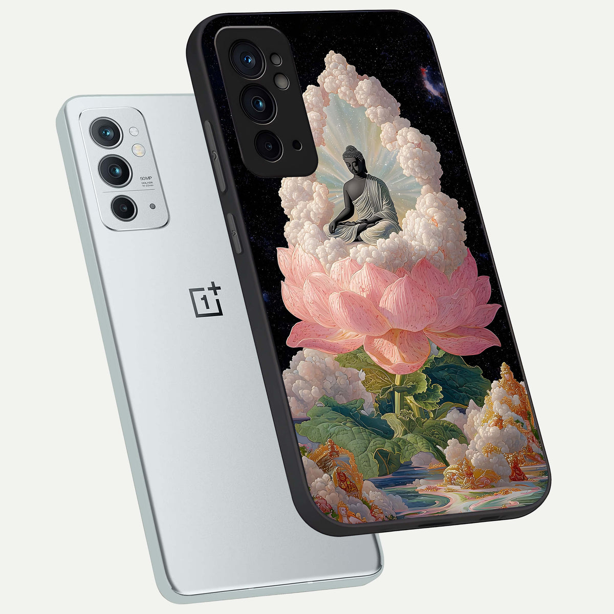  Lotus Divine Peace phone case For OnePlus 9RT showing premium glass back cover with detailed artwork