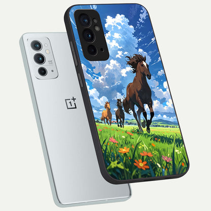  Majestic Horses Galloping phone case For OnePlus 9RT showing premium glass back cover with detailed artwork