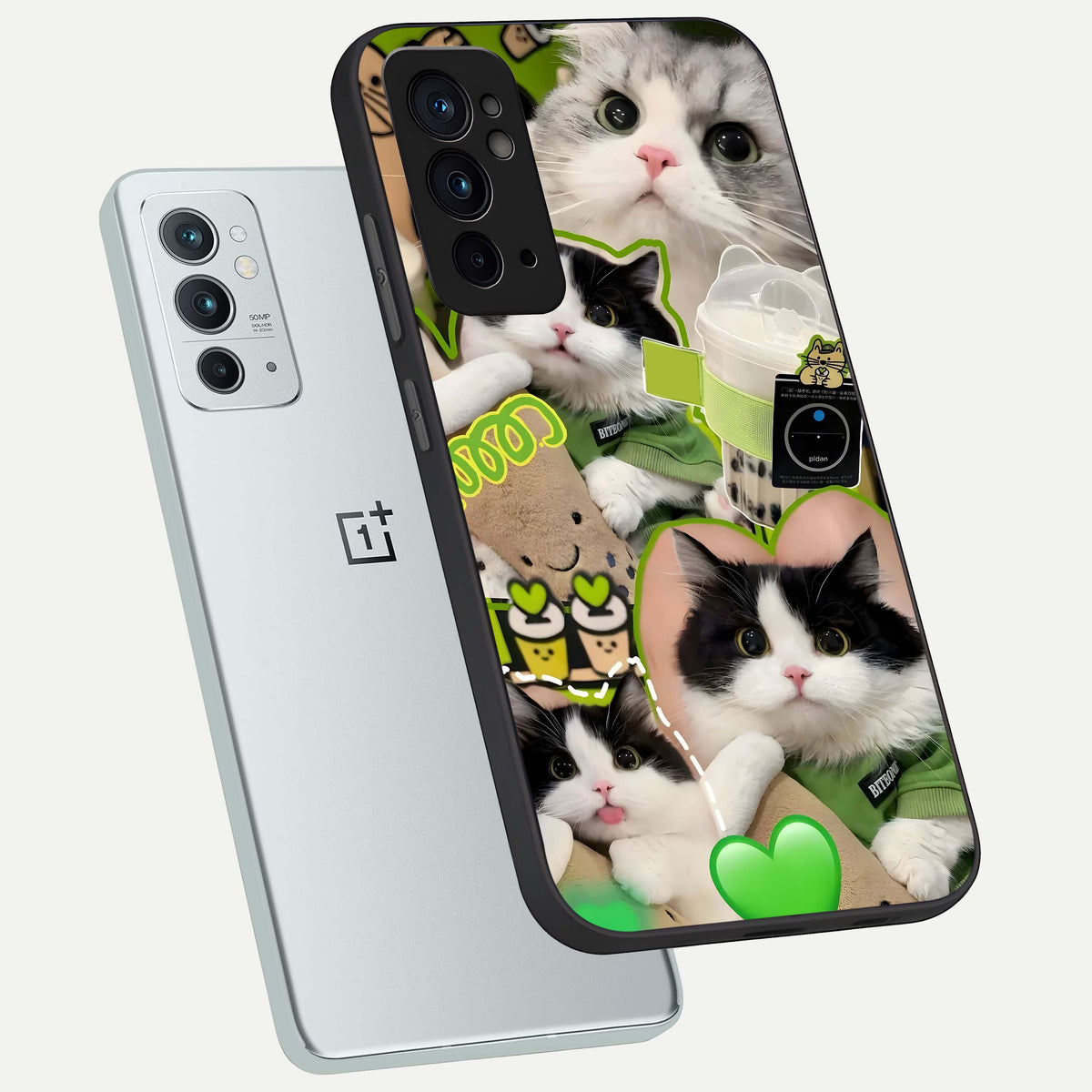  Matcha Cats Mood phone case For OnePlus 9RT showing premium glass back cover with detailed artwork