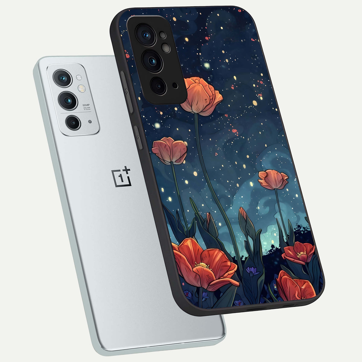  Midnight Tulip Glow phone case For OnePlus 9RT showing premium glass back cover with detailed artwork