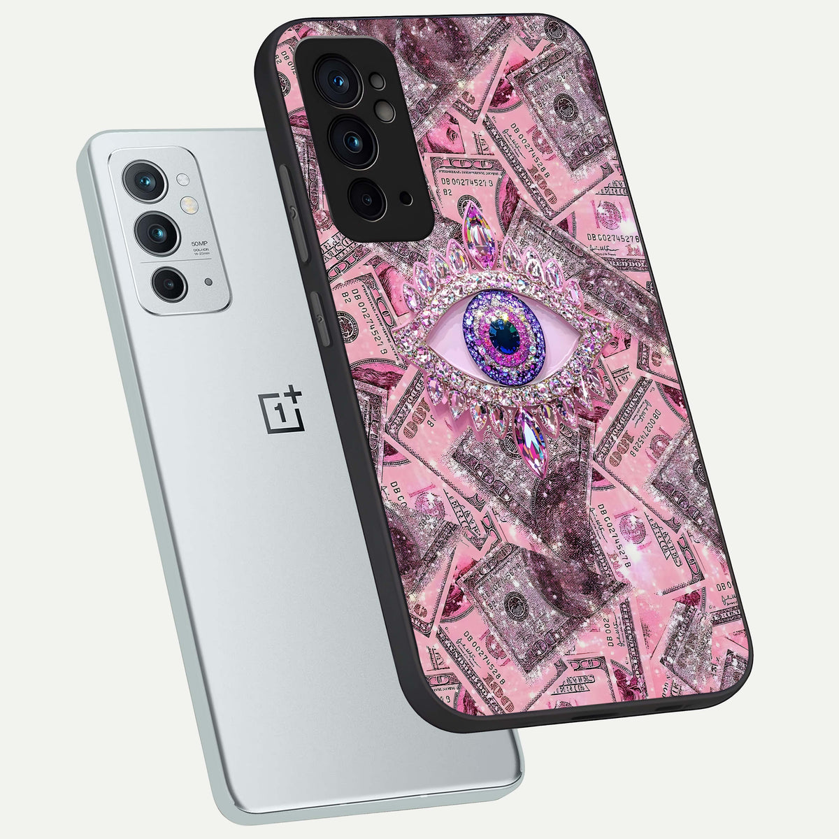  Money Eye Luxe phone case For OnePlus 9RT showing premium glass back cover with detailed artwork
