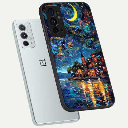  Moonlight Harbor Glow phone case For OnePlus 9RT showing premium glass back cover with detailed artwork