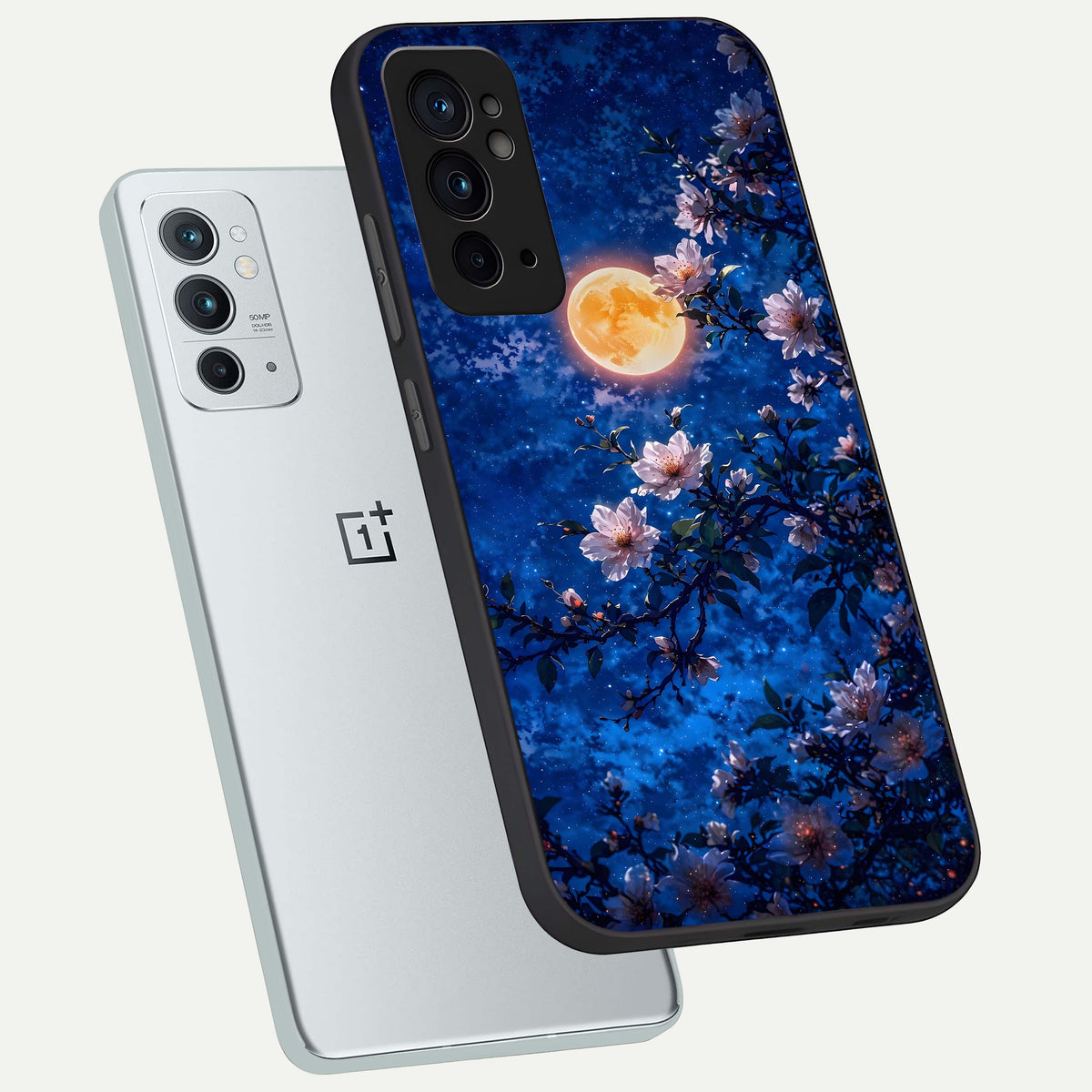  Moonlit Blossoms Night phone case For OnePlus 9RT showing premium glass back cover with detailed artwork