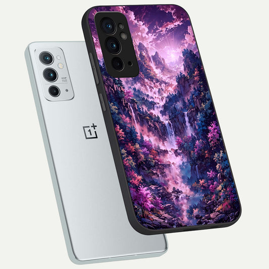  Mystic Cascade Peaks phone case For OnePlus 9RT showing premium glass back cover with detailed artwork